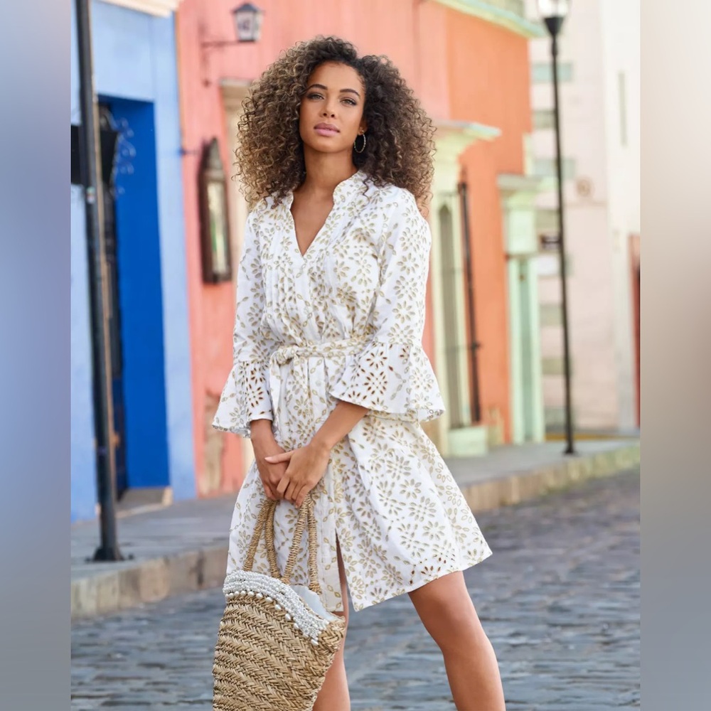 Boston Proper White and Gold Patterned Dress